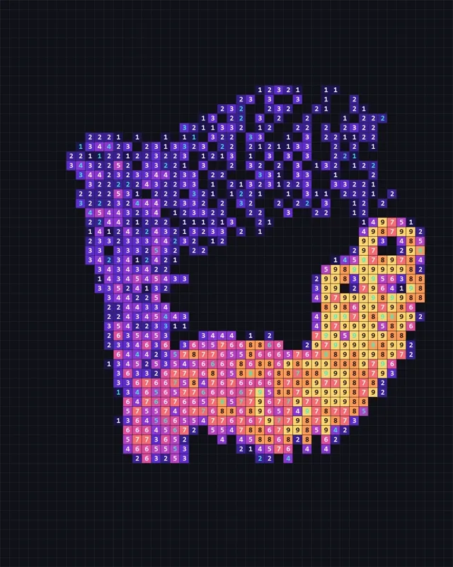Purple and amber numbered cells moving across a dark grid.