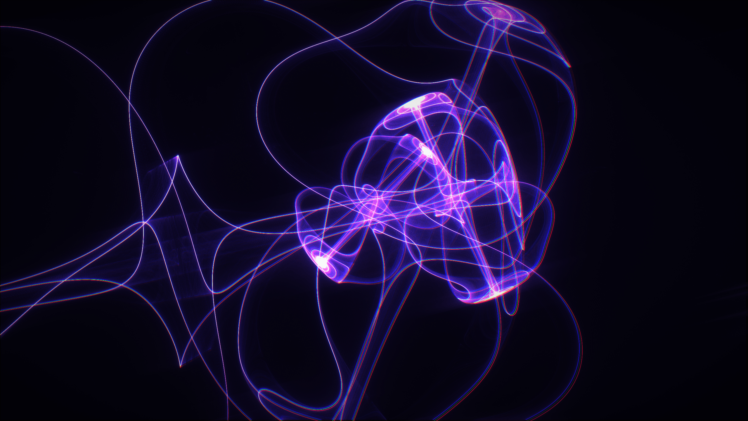 Neon purple, blue, and red light trails twisting across a black field.