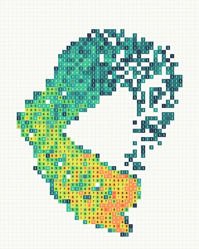 Green, yellow, and teal numbered cells forming an abstract figure.