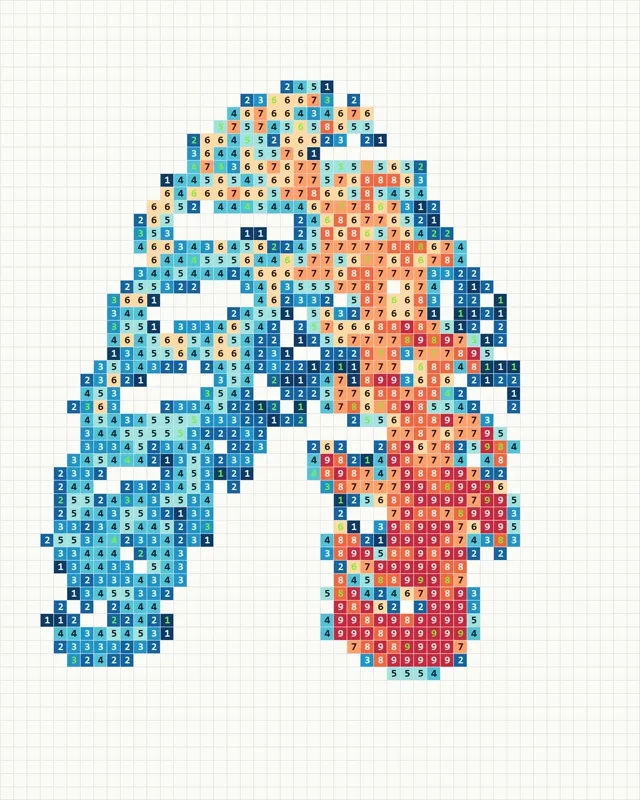 A shifting field of numbered color cells forming an abstract figure.