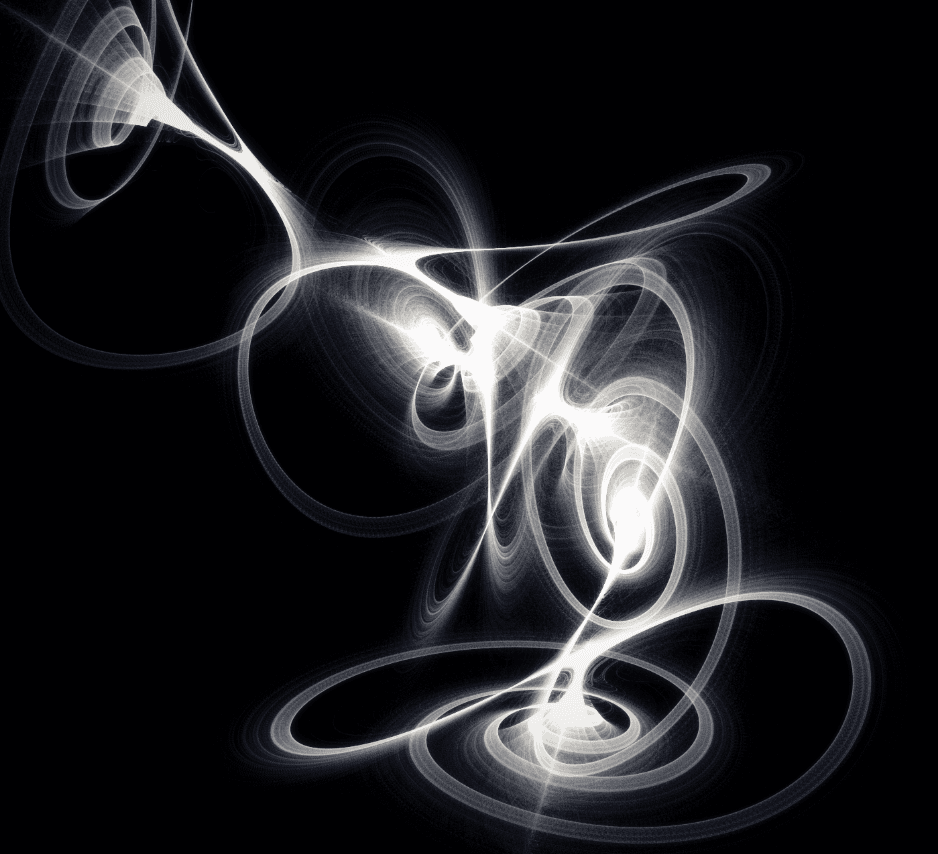 Luminous white orbital paths looping across a black field.
